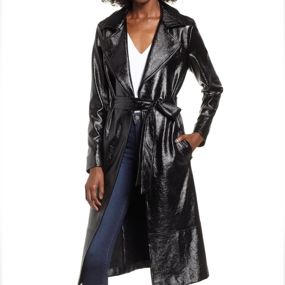 LEITH FAUX PATENT LEATHER TRENCH COAT
